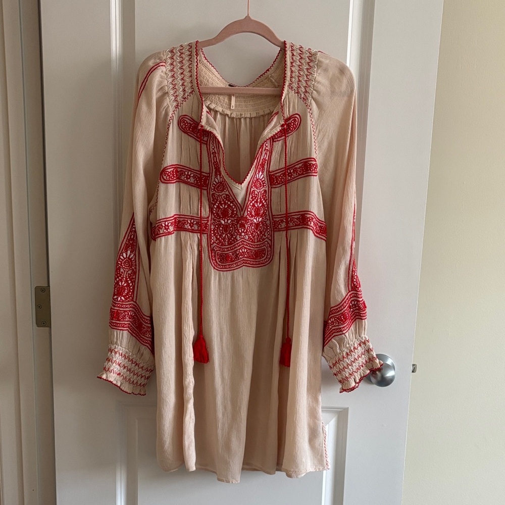 Free People Red and Cream Embroidered Tunic Dress